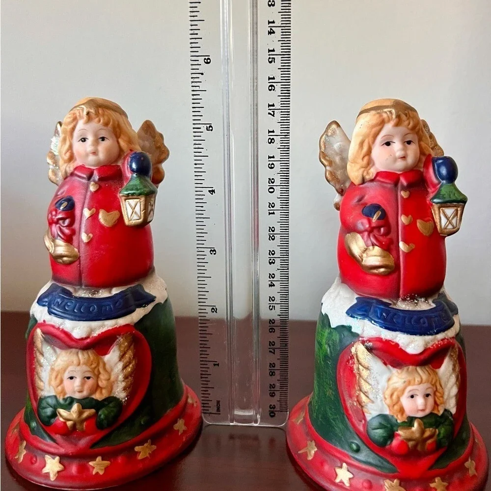 Vintage‎ Christmas Angel Ceramic Welcome Bells Set of 2 Red Green Gold 6.5 Inch
